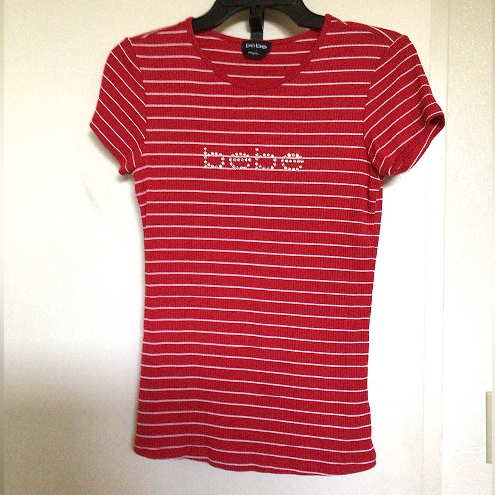 bebe Red Striped Logo Ribbed Tee